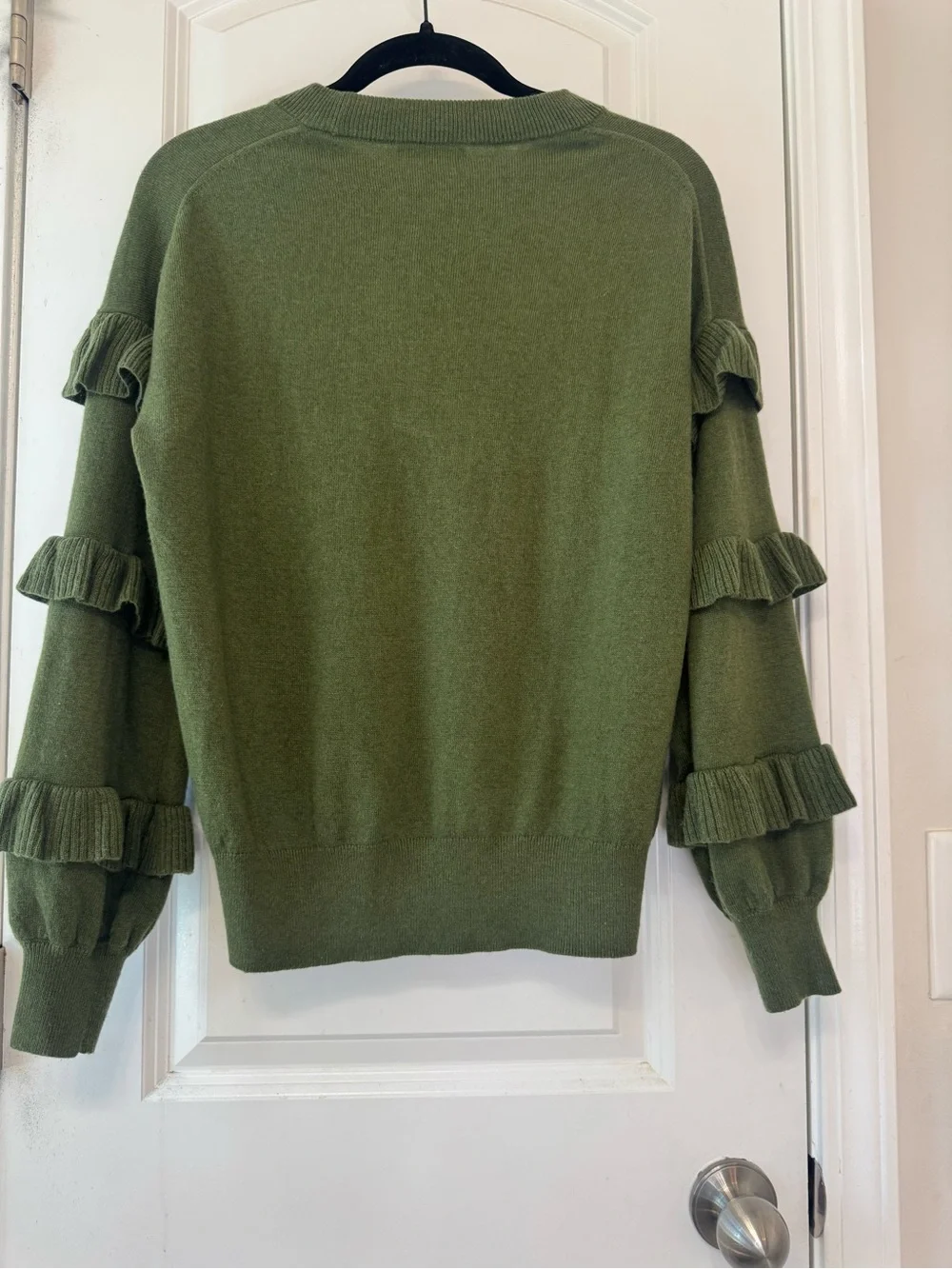 J. Crew Olive Green Ruffle-Sleeve Crewneck Sweater